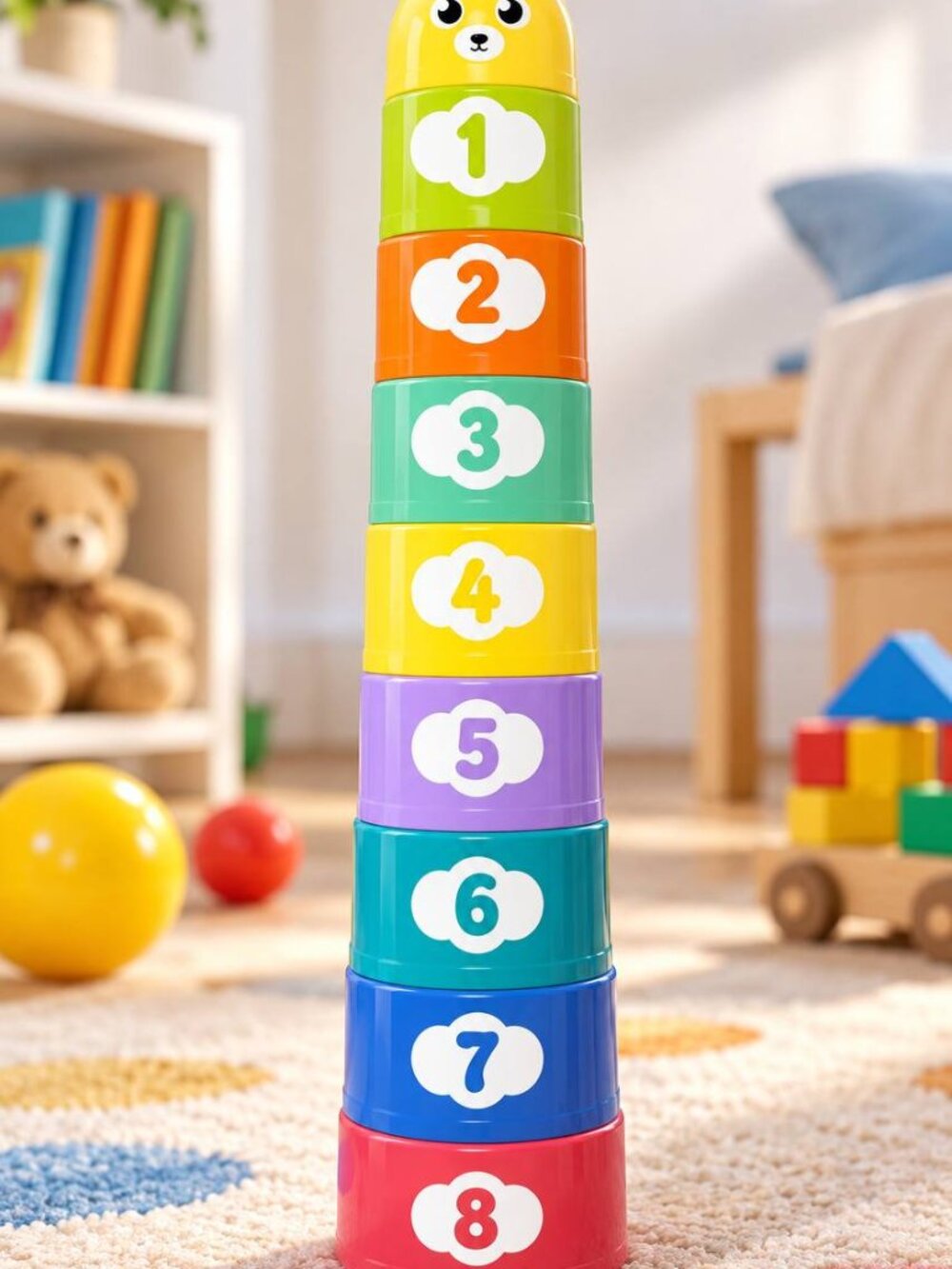 Baby Stacking Cups 8 Numbered Rainbow Nesting Cups with Bear Topper